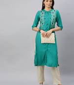 Teal embroidered viscose ethnic-kurtis