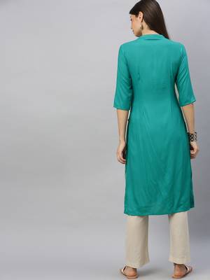 Teal embroidered viscose ethnic-kurtis 3