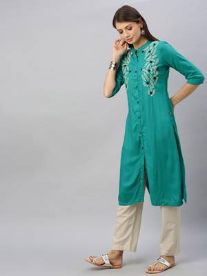 Teal embroidered viscose ethnic-kurtis 4