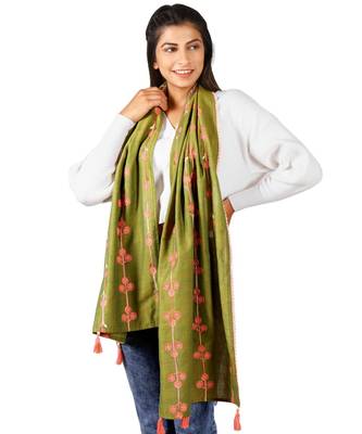 Tiny Floral Bunch Olive Green Embroidered Stole 1