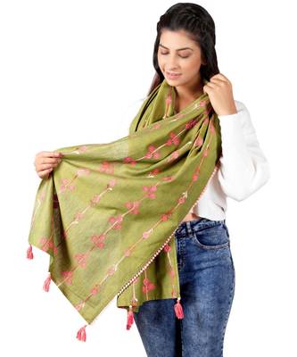 Tiny Floral Bunch Olive Green Embroidered Stole 2