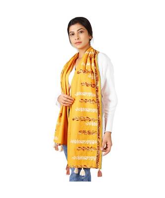 Earthy Grassroot Khadi Yellow Embroidered Stole/scarf 1