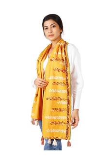 Earthy Grassroot Khadi Yellow Embroidered Stole/scarf