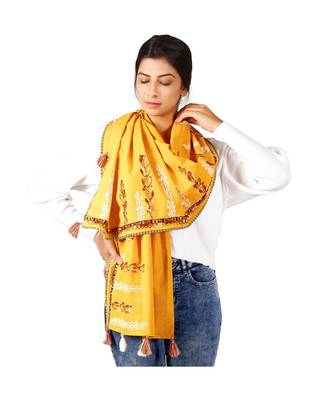 Earthy Grassroot Khadi Yellow Embroidered Stole/scarf 2