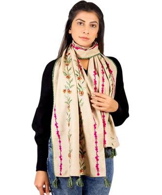 Pink Olive Flower Embroidered Khadi Beige Stole 1