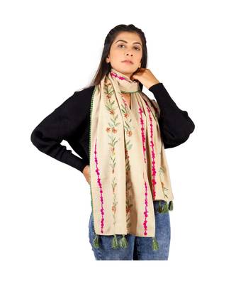 Pink Olive Flower Embroidered Khadi Beige Stole 2