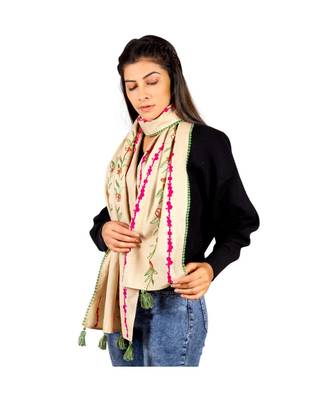 Pink Olive Flower Embroidered Khadi Beige Stole 3