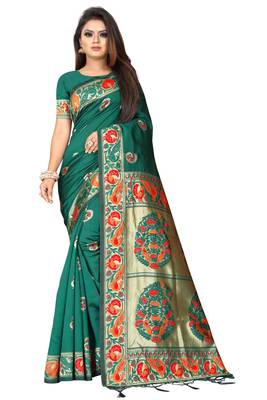 Green woven banarasi silk saree with blouse 1