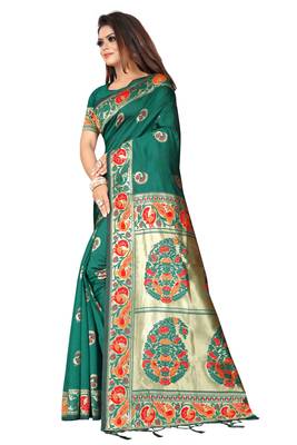 Green woven banarasi silk saree with blouse 2