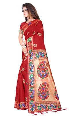 Red woven banarasi silk saree with blouse 1