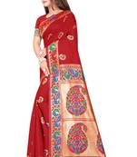 Red woven banarasi silk saree with blouse