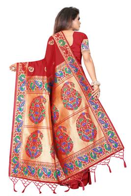 Red woven banarasi silk saree with blouse 2
