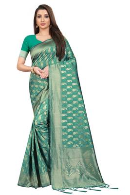 Green woven banarasi silk saree with blouse 1