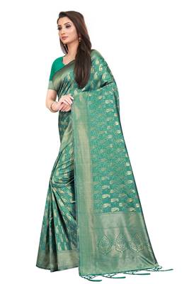 Green woven banarasi silk saree with blouse 2