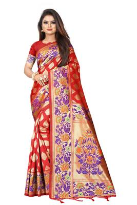 Red woven banarasi silk saree with blouse 1
