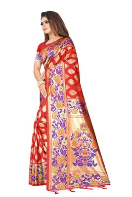 Red woven banarasi silk saree with blouse 2