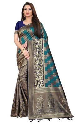 Navy blue woven banarasi silk saree with blouse 1