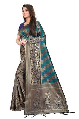 Navy blue woven banarasi silk saree with blouse 2