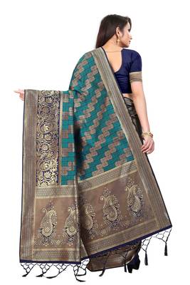 Navy blue woven banarasi silk saree with blouse 3