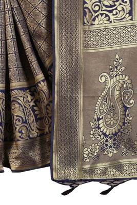 Navy blue woven banarasi silk saree with blouse 4
