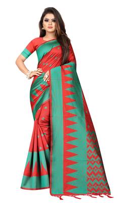 Red woven banarasi silk saree with blouse 1