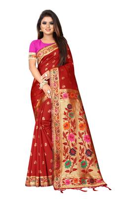 Red woven banarasi silk saree with blouse 1