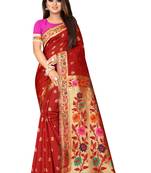 Red woven banarasi silk saree with blouse
