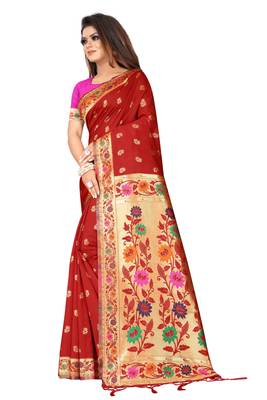 Red woven banarasi silk saree with blouse 2