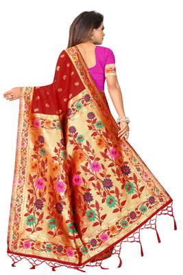 Red woven banarasi silk saree with blouse 3
