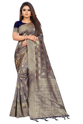 Navy blue woven banarasi silk saree with blouse 1