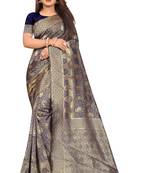 Navy blue woven banarasi silk saree with blouse