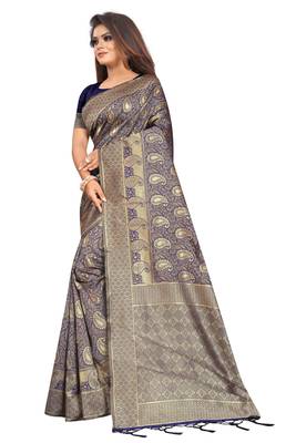 Navy blue woven banarasi silk saree with blouse 2