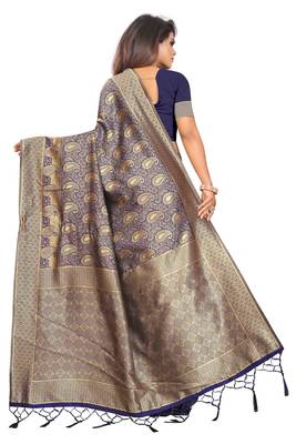 Navy blue woven banarasi silk saree with blouse 3