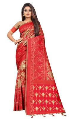 Beige woven banarasi silk saree with blouse 1