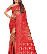 Beige woven banarasi silk saree with blouse