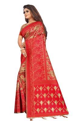 Beige woven banarasi silk saree with blouse 2