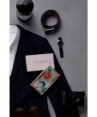 Khaki colour printed pure silk pocket square. 1