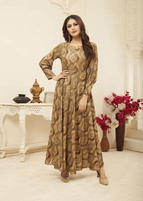 Navraj Fashion Women's Brown Flared Printed Gown Kurti 1