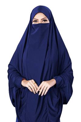 Justkartit Navy Blue Color Stitched Jersey Islamic Chaderi Hijab With Veil And Sleeves 2