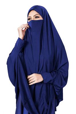 Justkartit Navy Blue Color Stitched Jersey Islamic Chaderi Hijab With Veil And Sleeves 4