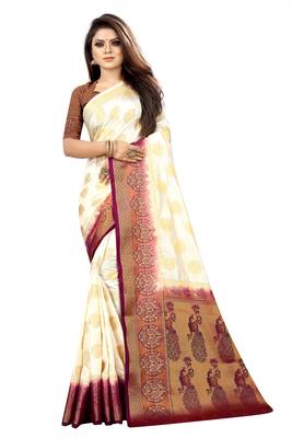 White woven silk blend saree with blouse 1