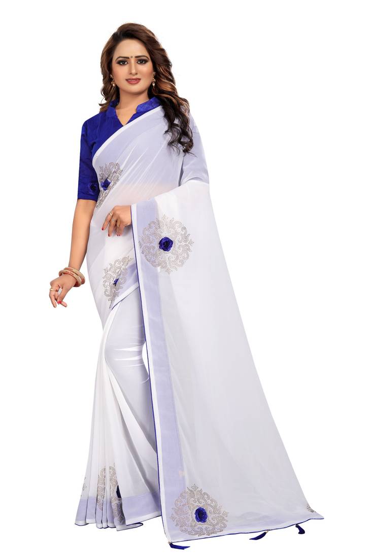 Women's Georgette White Embellished Designer Saree With Blouse Piece