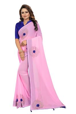 Pink embroidered georgette saree with blouse 1