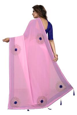 Pink embroidered georgette saree with blouse 3
