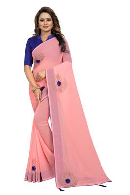 Peach Embroidered Georgette Saree With Blouse 1