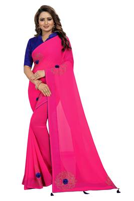 Dark Pink Embroidered Georgette Saree With Blouse 1