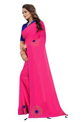 Dark Pink Embroidered Georgette Saree With Blouse 2