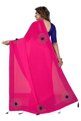 Dark Pink Embroidered Georgette Saree With Blouse 3