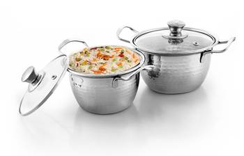 Kitchen krafts 2pcs Hammered Bristo Bowl set with Glass lid,induction compatiable, cook and serve 1