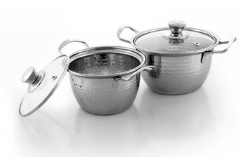 Kitchen krafts 2pcs Hammered Bristo Bowl set with Glass lid,induction compatiable, cook and serve 2